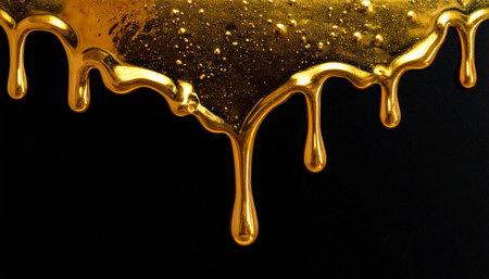 Molten gold flows and drips with tiny bubbles on a dark surface, creating a luxurious and abstract visual.の素材