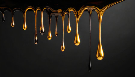 Molten gold and black liquids drip in viscous drops down a dark textured surface, creating a striking contrast.の素材