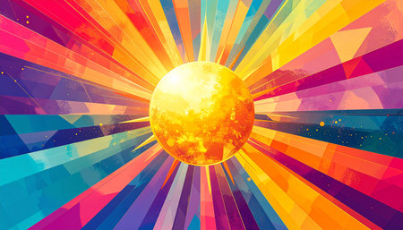 A radiant sun with a textured surface emits geometric rays in a vibrant spectrum of colors.の素材