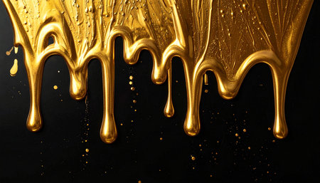 Molten gold is flowing and dripping in abstract, organic shapes against a dark black background.の素材
