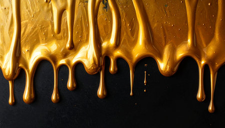 Molten gold liquid paint drips and flows down a dark textured black surface, creating a rich visual.の素材