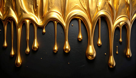 Molten gold drips and flows down against a dark textured background creating a luxurious abstract design.の素材