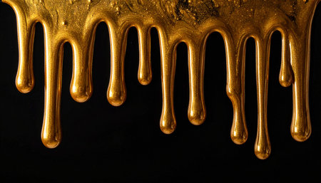Thick golden liquid drips in uniform strands on a black background, showcasing a rich and luxurious texture.の素材