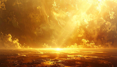A vast golden horizon with a fiery abstract landscape and a glowing sun. Clear details and vibrant colors enhance vis...の素材
