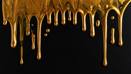 Thick, viscous gold paint is dripping in strands of varying thickness against a dark black background.の素材