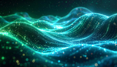 Undulating abstract waves formed by bright blue and green light particles and bokeh, creating a luminous and dynamic...の素材