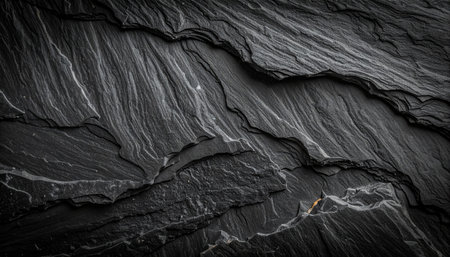 Close-up view of a dark grey slate rock surface featuring fine white mineral lines and sharp, irregular edges.の素材