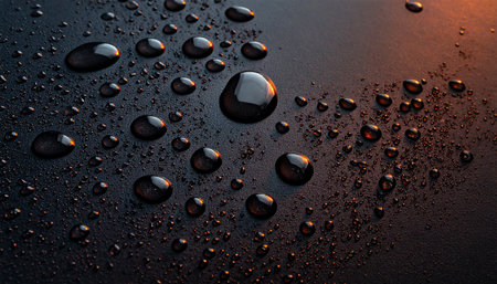 Macro view of water droplets on a dark surface, catching warm orange and yellow light reflections, creating a...の素材