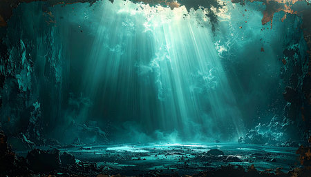 Sunbeams pierce the turquoise water of a rocky underwater cavern, illuminating the textured floor below.の素材
