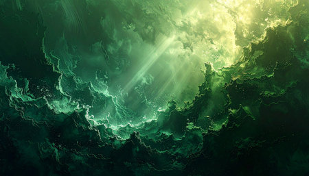 Deep green textured clouds illuminated by bright yellow light rays creating a dramatic and ethereal sceneの素材