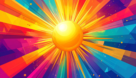 An abstract sun with geometric rays explodes in a spectrum of vivid colors against a dynamic background.の素材