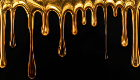 Viscous molten gold liquid dripping downward on a black canvas creating an abstract texture.の素材