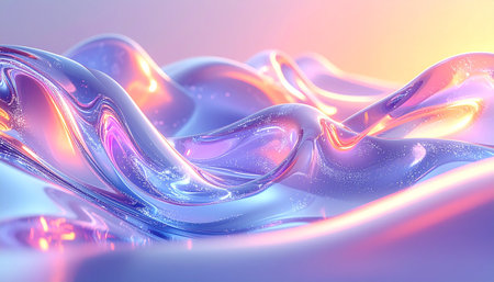 Soft abstract liquid waves in pastel purple and orange tones with a glossy, reflective surface.の素材