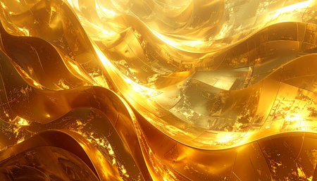 Abstract golden waves with a textured metallic surface and bright light reflectionsの素材