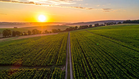 An aerial perspective shows straight rows of green crops and a road leading towards a bright sunrise.の素材