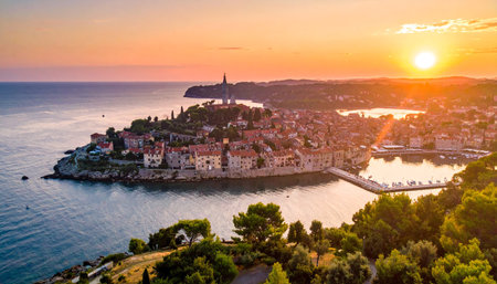 A historic coastal town with a harbor is bathed in the warm orange glow of a sunset over the sea.の素材