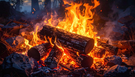 A campfire burns with stacked logs, glowing embers, and bright flames in a dark outdoor forest setting.の素材