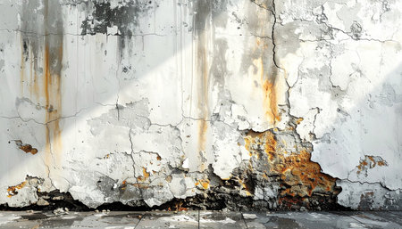 Detailed view of a crumbling plaster wall showing extensive cracks, rust stains, and exposed material.の素材