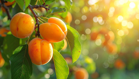 Close-up of ripe apricots on a tree branch with green leaves, bathed in warm golden sunlight.の素材