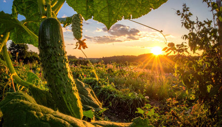 A cucumber plant with developing fruit is bathed in the golden light of sunrise in a vibrant garden.の素材