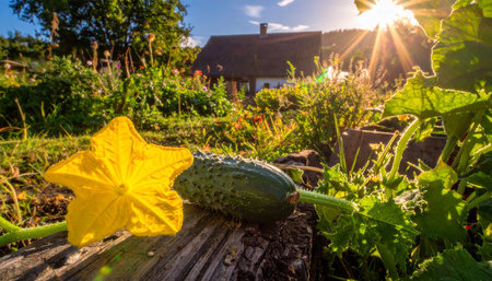 A yellow cucumber flower and fruit rest on a log in a sunlit garden with a house. Clear details and vibrant colors en...の素材