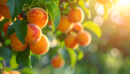 Ripe apricots on a tree branch illuminated by golden sunlight with a soft bokeh effectの素材