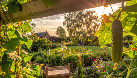 A cucumber hangs from a vine under a wooden pergola overlooking a garden at sunset.の素材