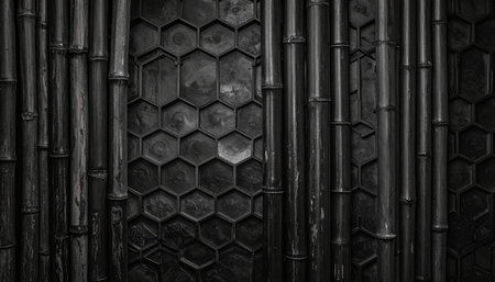 Dark bamboo stalks are arranged vertically against a dark hexagonal textured background.の素材