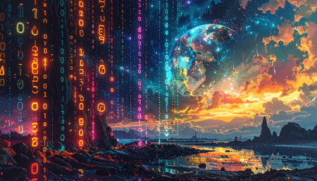 A surreal digital landscape with glowing binary code streams falling from a vibrant, fiery sunset sky.の素材
