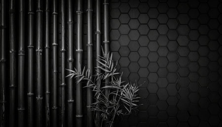 Dark bamboo stalks stand to the left of a dark hexagonal textured background with a small plant.の素材