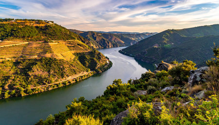 A sweeping view of the Douro River valley with green hills and vineyard terraces. Clear details and vibrant colors en...の素材