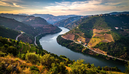Sunset showing douro river winding through terraced hillsides and vineyards during golden hour sunset keywords:...の素材