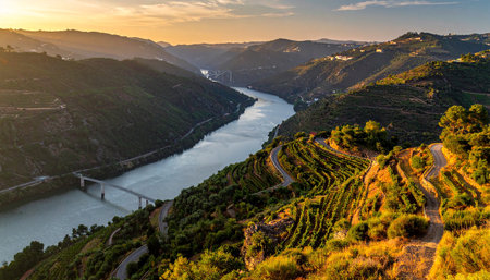 A river winds through the Douro Valley, with bridges and roads amidst terraced vineyards under a sunset sky.の素材