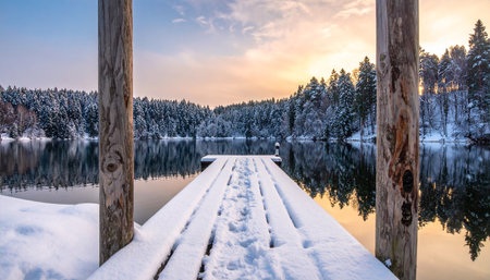 Footprints mark a snow-covered wooden pier leading towards a tranquil winter lake reflecting pine trees and a warm...の素材
