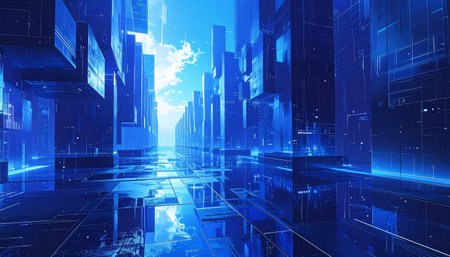 A futuristic blue cityscape with tall, sleek buildings and a highly reflective ground surface.の素材