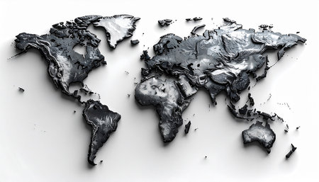 A detailed 3D world map with topographical textures and shadows on a clean white background.の素材