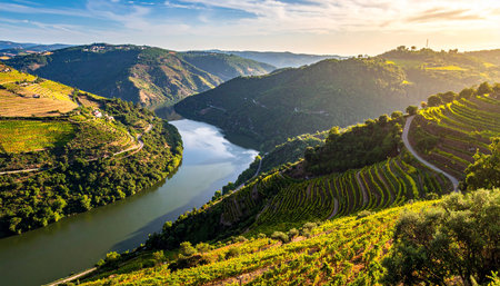 Bathed showing golden hour sunlight illuminating the douro valley with a river and terraced vineyards keywords:...の素材