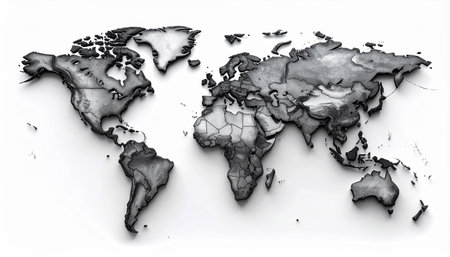 A grayscale world map with textured continents and defined country borders on a white backgroundの素材