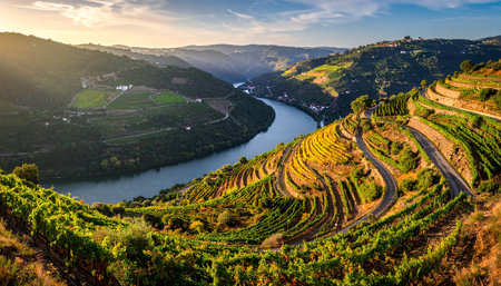 Golden light bathes terraced vineyards and a winding river in the Douro Valley, Portugalの素材