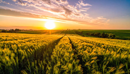 A vast golden wheat field under a dramatic sunset sky with a prominent sunburst and scattered clouds.の素材