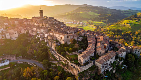 Aerial view of a historic Italian cliffside town with ancient walls and a prominent tower at sunrise.の素材