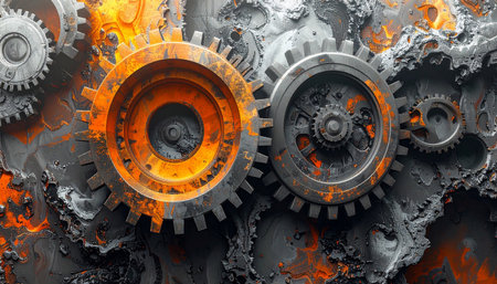 Interlocking gears and textured metallic surfaces in a mix of orange and dark gray tones.の素材