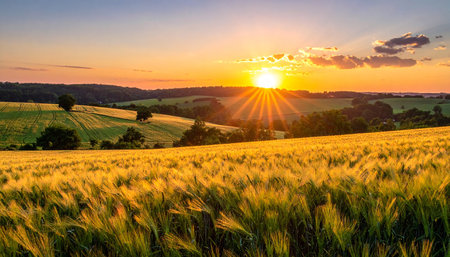 A golden wheat field stretches towards a sunset sky with visible sun rays and scattered treesの素材