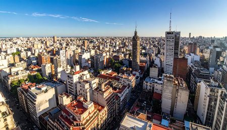 Wide aerial shot of a densely packed city showcasing varied building styles and heights under a bright skyの素材
