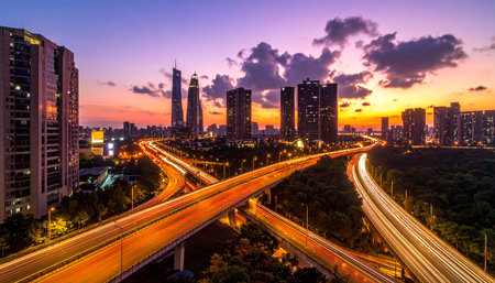 Aerial view of a busy highway interchange at dusk with illuminated roads and city skyline under a dramatic sky.の素材