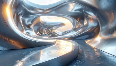 An abstract organic metallic structure with swirling forms and reflective surfaces in soft light.の素材