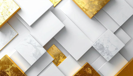 Overlapping abstract geometric squares in white gold and grey with subtle marble textures and shadowsの素材