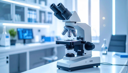 A white laboratory microscope is on a table with a computer and scientific equipment in a lab.の素材