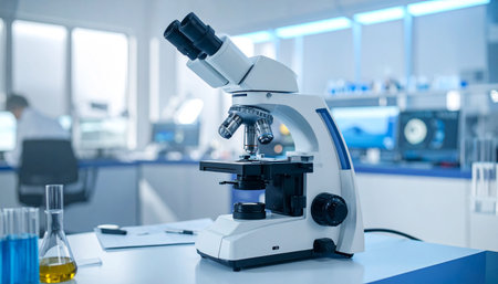 A white laboratory microscope sits on a table with beakers containing blue and yellow liquids in a bright lab.の素材