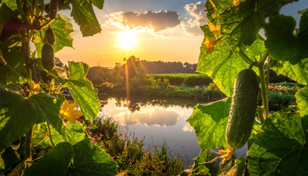A ripe cucumber hangs on a vine, framed by green leaves, with a golden sunset over a pond.の素材